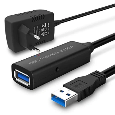 Imagen de RSHTECH Cable Alargador USB 3.0 con Fuente Alimentación 5 V 2 A, Extensión Activo 10 m, de Alta Velocidad Hembra A Amplificador Señal, Repetidor Gbps