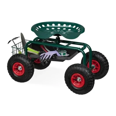 Imagen de Relaxdays Asiento de Jardín con Ruedas Neumáticas, Taburete Jardinería, Altura Regulable, 150 kg, Acero, Verde, Caucho, 54 x 42 81 cm