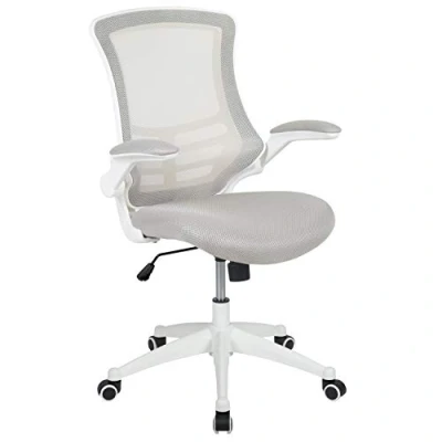 Imagen de Flash Furniture Silla de oficina, respaldo medio, giratoria, ergonómica, para tareas, reposabrazos abatibles, espuma, metal, plástico, madera industrializada, malla gris claro y marco blanco, 1 ud.
