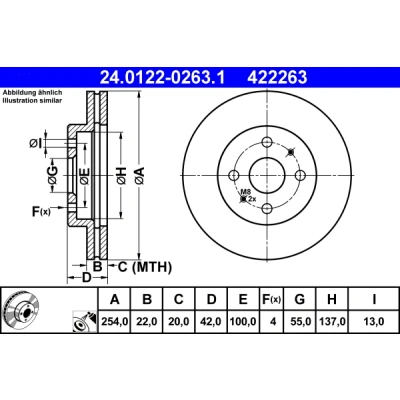 Imagen de ATE 24.0122 0263.1 Disco de freno 254,0 22,0 4 100,0 ventilado revestido SUBARU: JUSTY