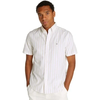 Imagen de Tommy Hilfiger Camisa de Popelín para Hombre Flex Poplin Manga Corta, Multicolor (Citronella / Optic White), S