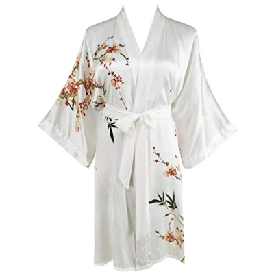 Imagen de Ledamon Kimono corto, 100% seda, para mujer Blanco Talla Unica