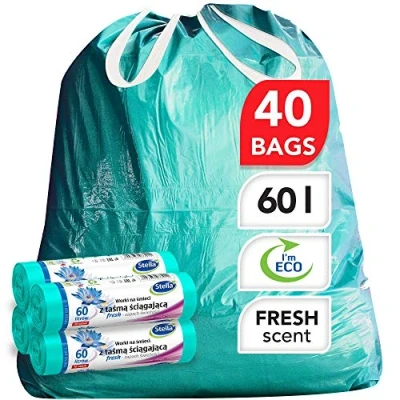 Imagen de Stella Bolsas de Basura Ecológicas y Reciclables Hechas Plástico Reciclable Fuertes Flexibles Aroma Fresco Color Menta 60L Con Tiras