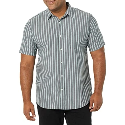 Imagen de Amazon Essentials Camisa de Popelín Manga Corta y Ajuste Entallado Hombre, Azul Marino Rayas, L