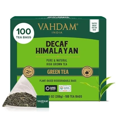 Imagen de VAHDAM, Decaf Himalayan Té Verde (100 Piramidales Bolsitas De Té) 100% Pura Y Natural Envasado Fresco En La India Caliente, Frío O Como Kombucha
