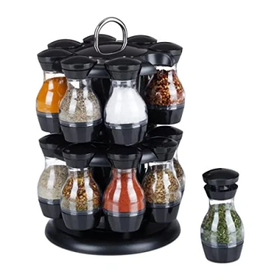 Imagen de Relaxdays Especiero Giratorio con 16 Botes, Organizador Especias, Giro 360º, Acero Inoxidable, 29x19 cm, Negro/Plateado