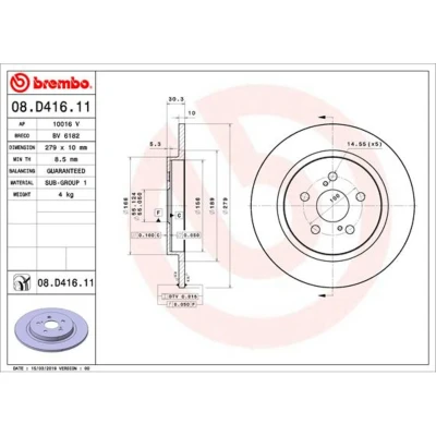 Imagen de BREMBO 08.D416.11 Disco de freno 279 10 5 macizo revestido LEXUS: CT, TOYOTA: Urban Cruiser
