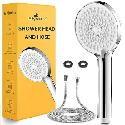 Imagen de Magichome Alcachofa Ducha con Manguera 2M de Alta Presión 5 Modos Telefono Duch Cabezal Ducha,Cromo Blanco