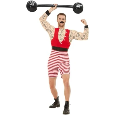 Imagen de Smiffys Disfraz de forzudo, Rojo y blanco, con mono corto bigote