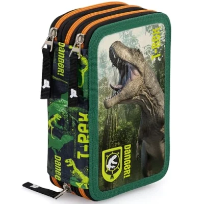 Imagen de Plumier Triple 45 Piezas Estuche Escolar Completo con Bolígrafos Gel Borrables, Lápices 4.0 mm, Rotuladores, Tijeras, Pegamento Ideal Primaria y Regalo niño T Rex Dinosaurier Julian Ross