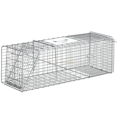 Imagen de Outsunny Trampa para Animales Vivos Plegable 93x31x34,5 cm Jaula de Captura Alambre con Puerta y Asa Conejos Gatos Ratas Roedores Plata