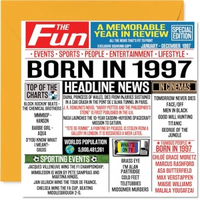 Imagen de tarjetas de cumpleaños número 27 para hombres y mujeres Born In 1997 Newspaper Tarjeta feliz hermano, hermana, amigos, vintage retro en 1997, 145 mm x mm,