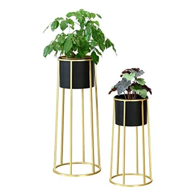 Imagen de [en.casa] Soporte para Plantas de Metal Set 2 Piezas 50 x 25 cm y 70 30 Estantería macetas Bastidor Color Dorado Negro