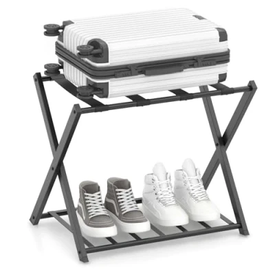 Imagen de COSTWAY Soportes para Maletas Plegable, Estante Bastidor Equipaje de Metal con 4 Correas Hogar Hotel, Portaequipajes Plegable Maleta, Reposa 68 x 43 58 cm (1, negro)