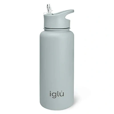 Imagen de iglu Botellas de agua reutilizables, acero inoxidable doble pared, 1 litro con aislamiento al vacío, tapa pajita a prueba fugas, sudor y sin BPA, gran regalo ecológico para él