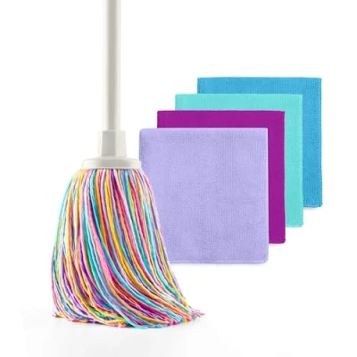 Imagen de Happy Rainbow Fregona con 4 bayetas de Microfibra reciclada Set Limpieza sostenible para hogar y Todo Tipo Superficies Super Absorbente Resistente Edición: Sunset
