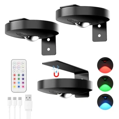 Imagen de Gerbala 3 piezas Mini Spot Led Puck Lights,RGB Cocina Bajo Mueble, 12 colores de luz, iluminación Armario regulable y temporizador con mando a distancia,Magnético para Gabinete, (RGB)