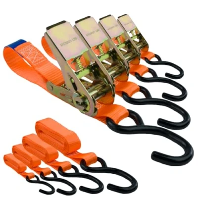 Imagen de Juego de 4 correas tensoras con trinquete y ganchos, 25 mm ancho, 3 m largo, hasta 700 kg, correa amarre naranja, para asegurar la carga, correa,