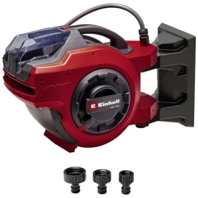 Imagen de Einhell Carrete de manguera con batería GE HR 18/30 WH Li Solo (18 V, enrollador automático manguera, giratorio 180, soporte pared, conexión 1,5 m, sin ni manguera)