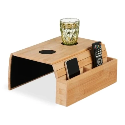 Imagen de Relaxdays Bandeja Reposabrazos 2 Posavasos y Compartimentos, Bambú, 5,5 x 50 33,5 cm, Tableta de Sofá, Natural/Negro, Poliéster