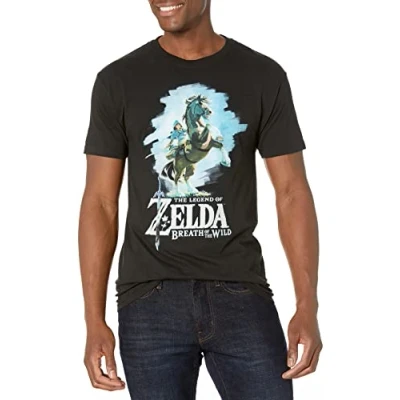 Imagen de Nintendo Zelda Breath of The Wild Link Epona Posing T Shirt Camiseta, Negro, L para Hombre