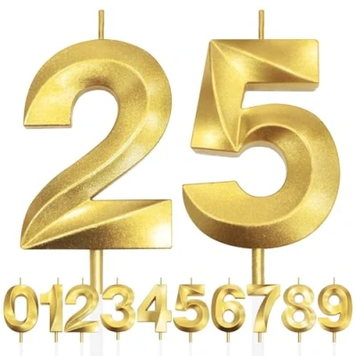Imagen de 25th Vela de Cumpleaños con Purpurina Dorada y Diseño 3D Número 25 Velas Números, Decoración Tarta, Tarta para Fiesta Cumpleaños, Aniversario Boda,