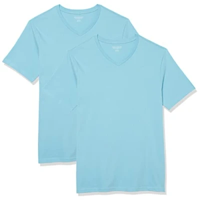 Imagen de Amazon Essentials Camisetas de manga corta con cuello pico y corte ajustado Hombre, Pack 2, Azul Agua, XL
