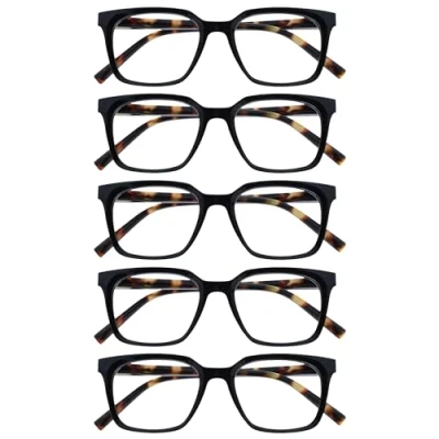 Imagen de OPULIZE KOI Gafas de Lectura Pack 5 Elegante Marco Rectangular Ancho Negro Hombre Mujer Bisagras Muelle RRRRR50 1 +3.00