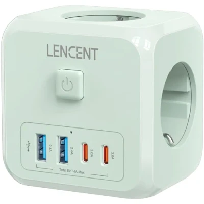 Imagen de LENCENT Cubo Enchufe USB 7 en 1, Ladron Enchufes 4000W, Múltiples Pared con 3 Tomas de CA, 2 A, Tipo C y Interruptor, Cargador para Oficina, Cocina Habitación, Verde