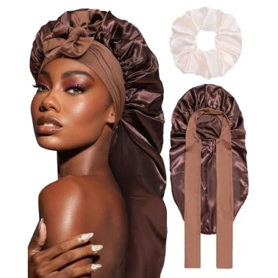 Imagen de Coubeau Gorro Saten Pelo Rizado Ajustable para Mujere Bonnet de Seda Dormir, Capucha Sueño con Banda Elástica Mujeres y Niñas