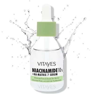 Imagen de Vitayes Sérum de niacinamida y ácido hialurónico 10% refinamiento poros, fortalecimiento la barrera cutánea, hidratante, antienvejecimiento, dermatológicamente probado