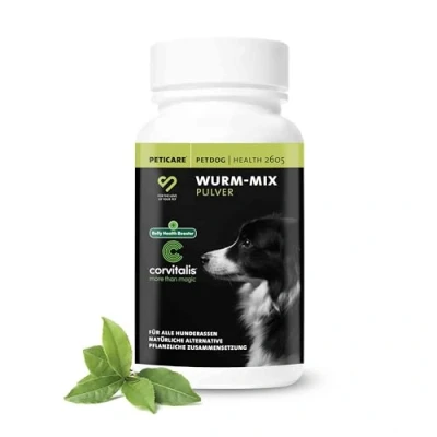 Imagen de Peticare Desparasitante Antiparasitario para Perros Interno Polvo de Hierbas Remedio 100% Natural con Curcuma y Tomillo contra Gusanos Intestinales, Anquilostomas petDog Health 2605 (90 g)