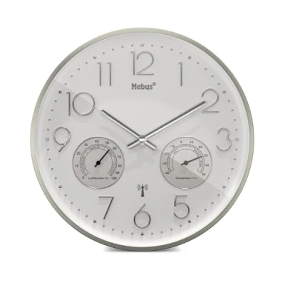 Imagen de Mebus Reloj de Pared inalámbrico con termómetro e higrómetro silencioso Marco Plateado Blanco Modelo 12989 Precisión y Comodidad
