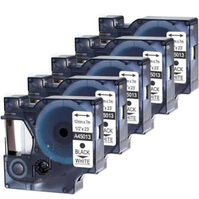Imagen de Wonfoucs compatible con recambio Dymo Cintas de Etiquetas para D1 45013 A45013 S0720530 12mm x 7m Negro sobre Blanco Etiquetadora LabelManager 160 210D 280 450, pack 5