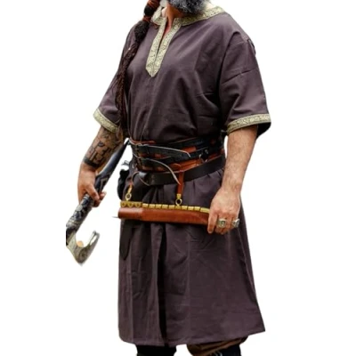 Imagen de Leonardo Carbone® túnica de manga corta Richard ropa medieval para hombre, camisa medieval, camisas ocio, corta, disfraz carnaval, vikinga, LARP 100% algodón, marrón