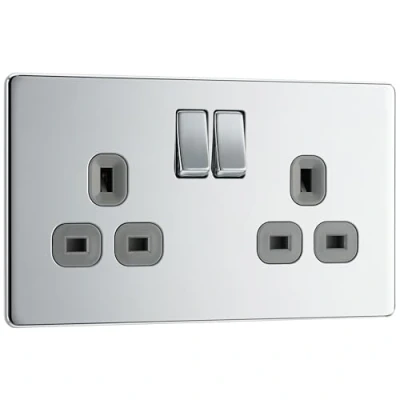 Imagen de Masterplug NBS22W Enchufe de doble polo acero cepillado, 13 A, 2 canales, color blanco sin rosca, fino, cromo pulido