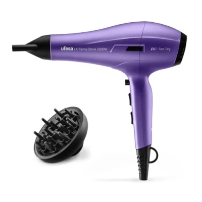 Imagen de Secador Ufesa Profesional X Treme Shine, 2600 W, 3 temperaturas, 2 Velocidades, Difusor incluido, Función Iónica, Morado