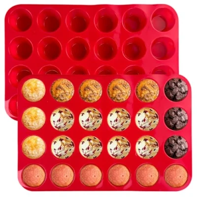 Imagen de Xpieoyrm 2 paquetes de moldes redondos 24 cavidades para cupcakes, Molde silicona magdalenas, hornear, antiadherente muffins, sin BPA, pudín, Brownie