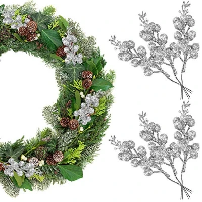 Imagen de KBNAIN 14 Piezas Bayas Navidad Acebo Artificial Plateada Rama de Artificiales Plata Adornos y Ramas para Manualidades Guirnaldas