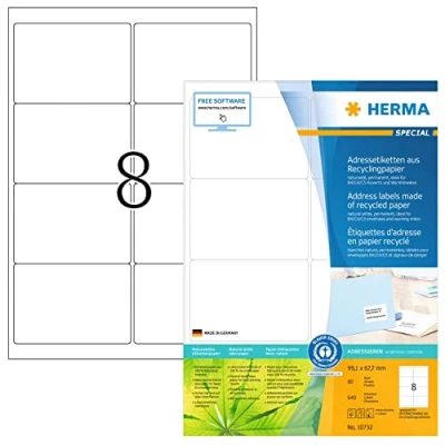 Imagen de HERMA 10732 Etiquetas recicladas, 80 hojas, 99,1 x 67,7 mm, 8 hojas por A4, 640 unidades, autoadhesivas, imprimibles, mate, en blanco, papel reciclado, blanco natural
