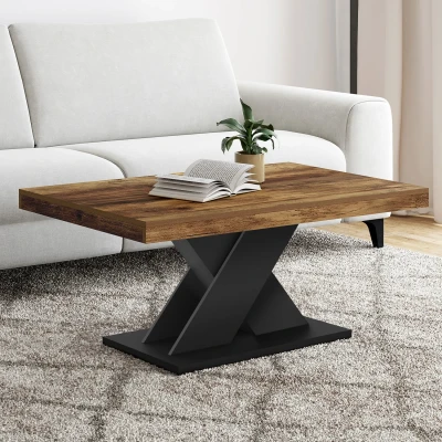 Imagen de Mesa de centro rectangular ALICIA con tapa madera envejecida y pata en X negra IDMarket