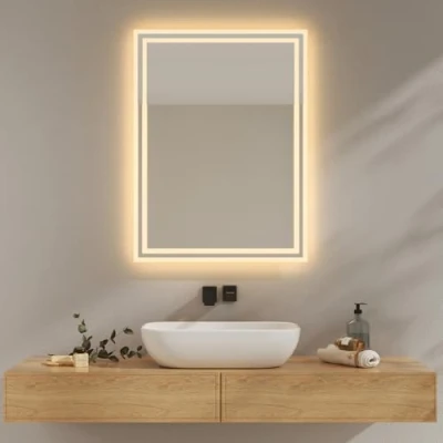 Imagen de EMKE Espejo de baño con iluminación, 60 x 80 cm, antiniebla, 2 temperaturas Color (Blanco cálido/Blanco frío), Interruptor basculante, Horizontal/Vertical, LED,IP44