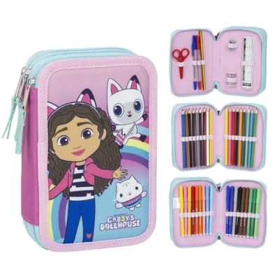 Imagen de CARTOON Estuche multicompartimento 3 cremalleras para la escuela completo bolígrafos lápices colores rotuladores, Gabby&#039;s Dollhouse,