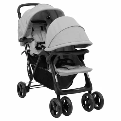 Imagen de vidaXL Carrito para Gemelos Cochecito Sillita Gemelar Silla de Paseo Canasta Niños Reposapiés Ajustable Dosel Plegable Tándem Acero Gris Claro