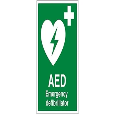 Imagen de Señal de seguridad VSafety 31034BC S, con texto en inglés «AED Emergency Defibrillator» para primeros auxilios, autoadhesiva, vertical, 300 x 400 mm, color verde