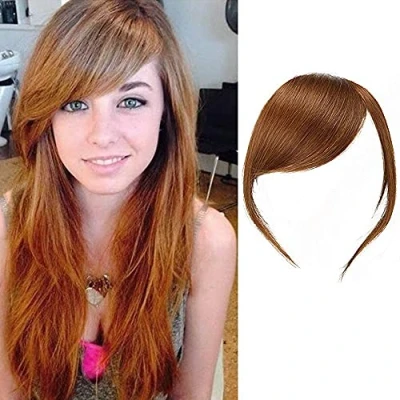 Imagen de Clip In Flequillo Lateral Grueso de Cabello Humano Real Extensiones Flecos Rectos(Color Marrón Claro, con Patillas)