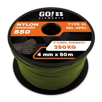 Imagen de GO!elements 50m Paracord de Nylon a Prueba desgarros 4mm 550 Typo III Cuerda Adecuado como Yute &amp; Gruesa MAX. 250kg, Color: Aceituna