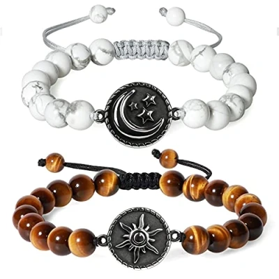 Imagen de COAI Pulseras de Distancia para la Pareja Howlita y Ojo Tigre con Adorno Sol Luna