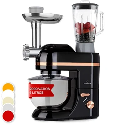 Imagen de Klarstein Batidora Amasadora con Bol 5L para Hornear, Robot Cocina, Reposteria 1800W, Picadora Carne, Gancho y Mezclar, Licuadora 1,5L 6 Velocidades Postres Panaderia