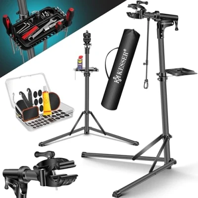 Imagen de KESSER® soporte profesional de reparación bicicletas aluminio para montaña, bicicleta eléctrica, montaje resistente + bolsa con dispositivos liberación rápida,